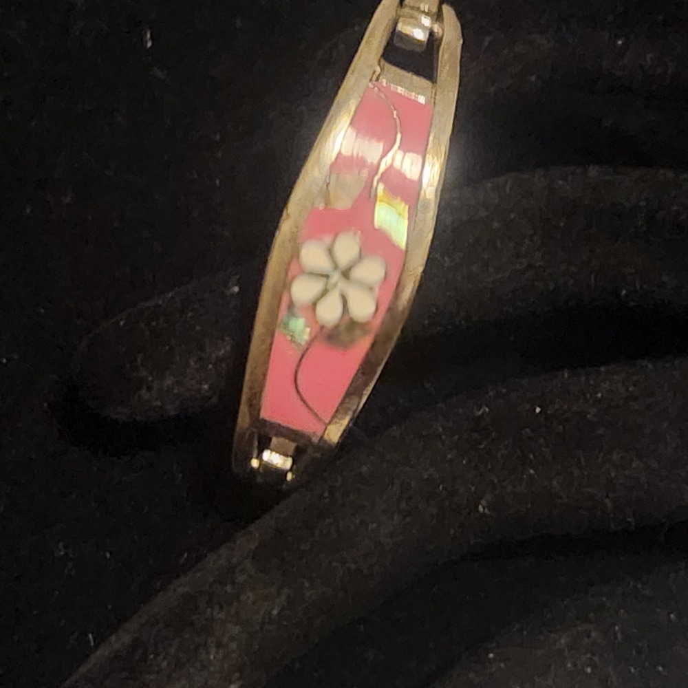 Vintage Alpaca Mexico Pink Enamel Abalone Flower‎ Hinged Bangle Bracelet kids